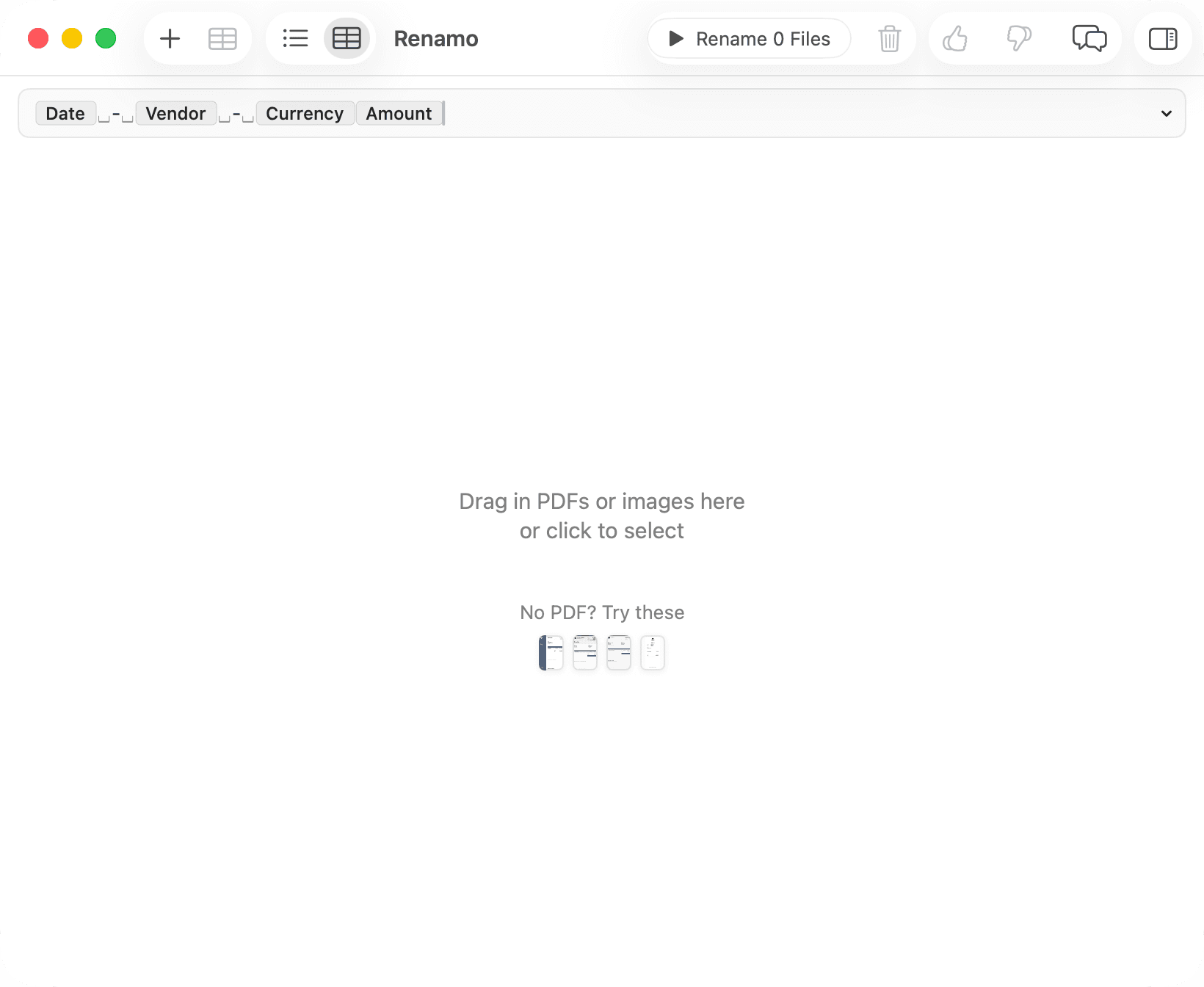 Renamo main window after onboarding, showing the empty state and sample invoices