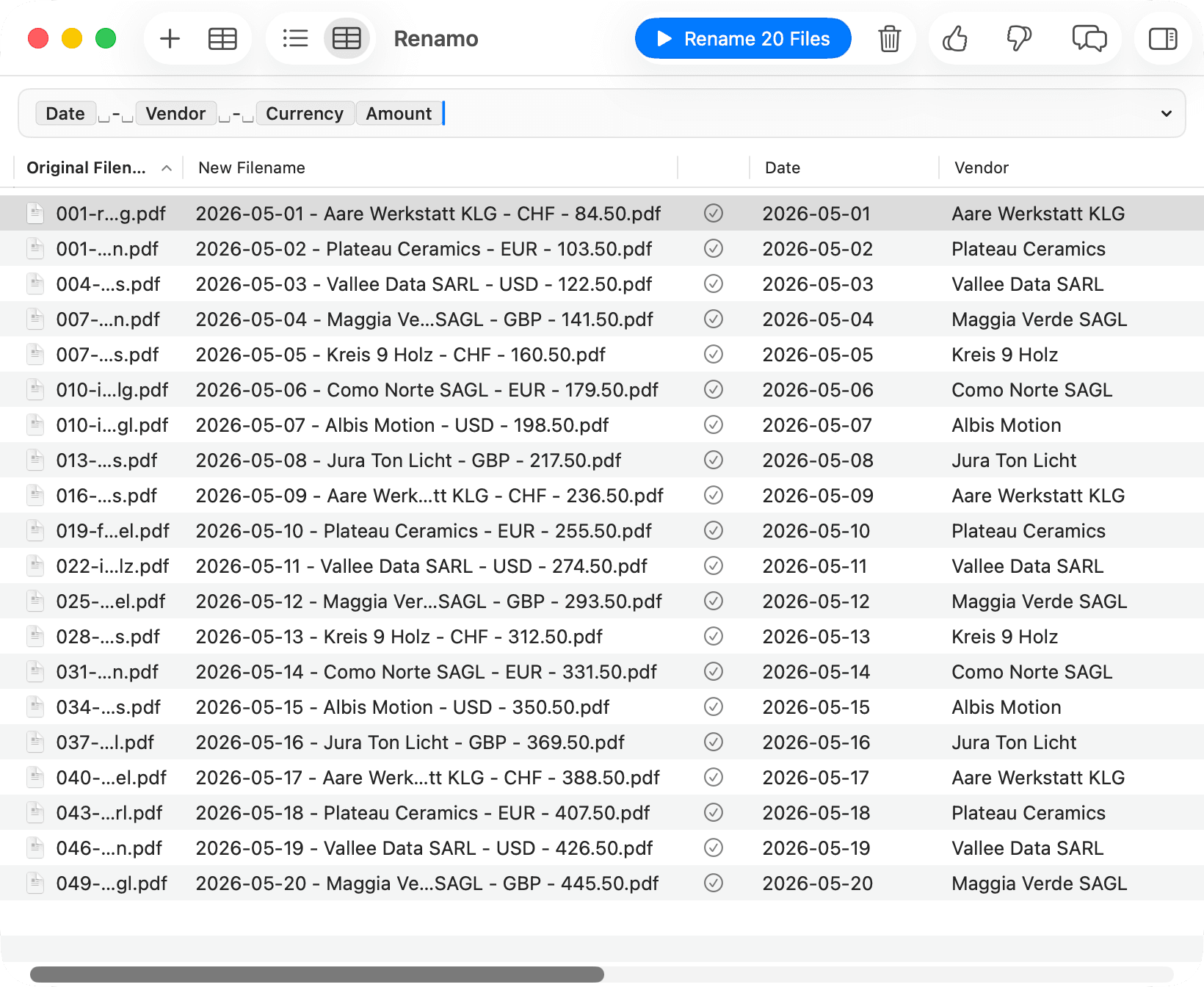 Renamo showing generated filenames for imported documents